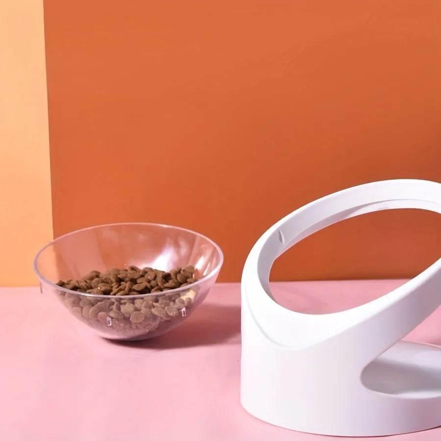 White elevated plastic cat feeder bowl with a tilted design for anti-vomit feeding.