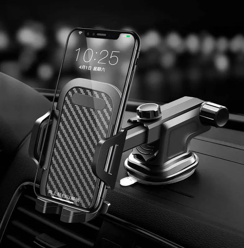 Black car dashboard phone holder with adjustable clip for smartphones 4-7 inches wide