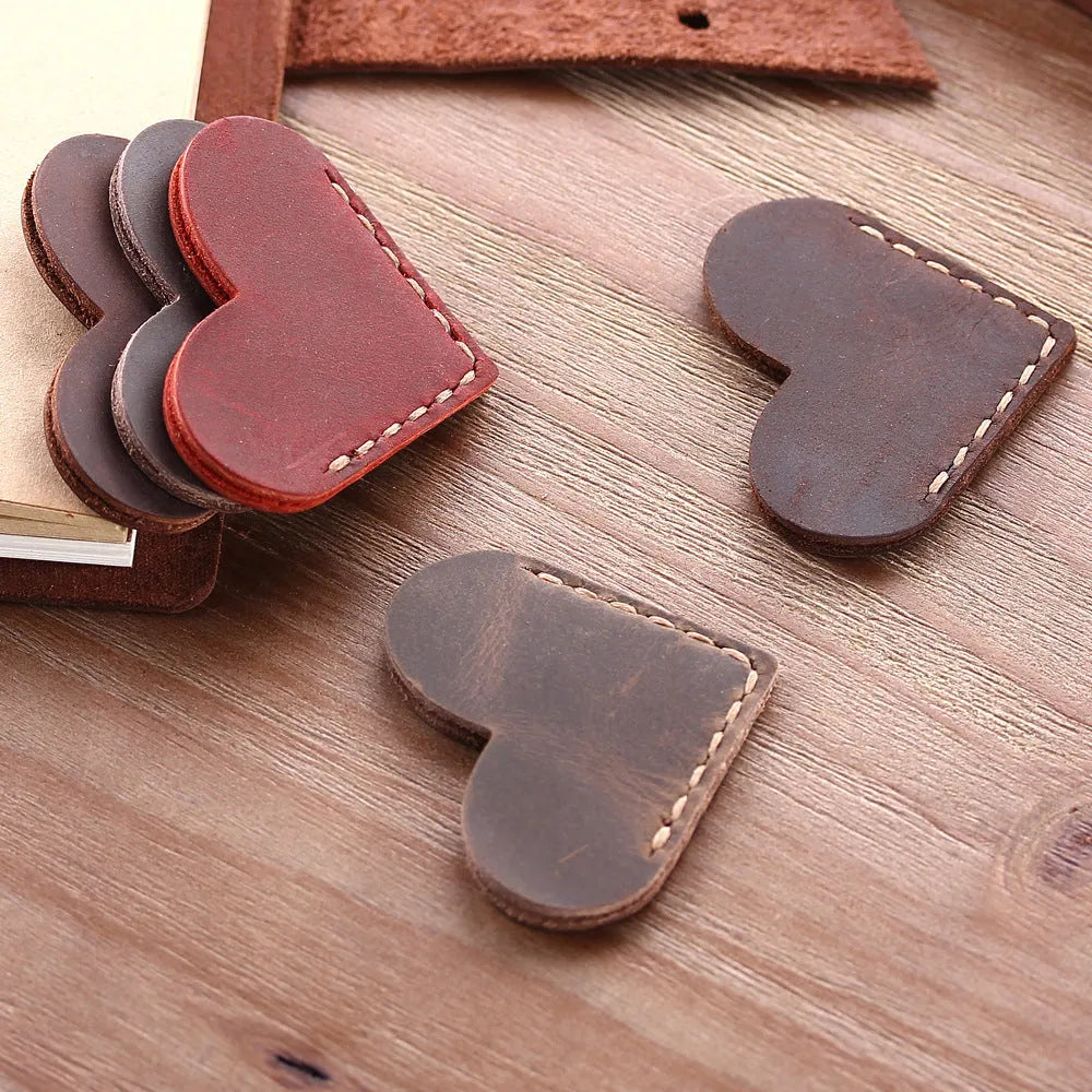 Heart-shaped leather bookmark in brown, handmade from first layer cowhide, 5x5 cm