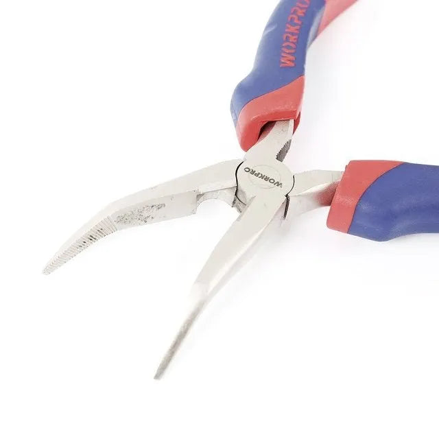 Blue curved nose pliers with double-colour sleeve handles for electrical and automotive work