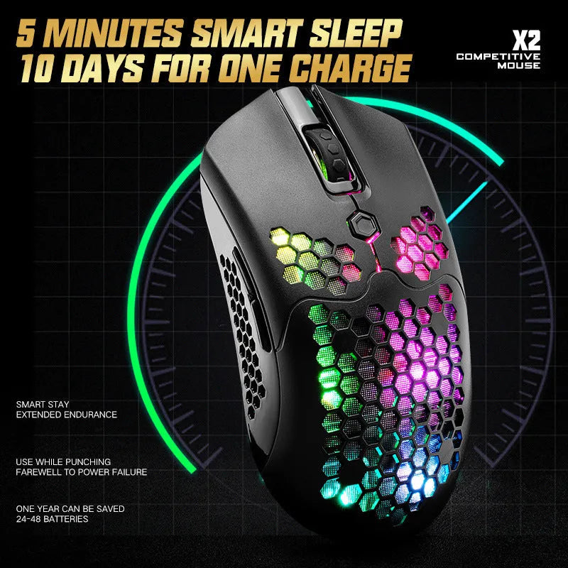 Free Wolf X2 wireless RGB gaming mouse in multiple colours on a desk.