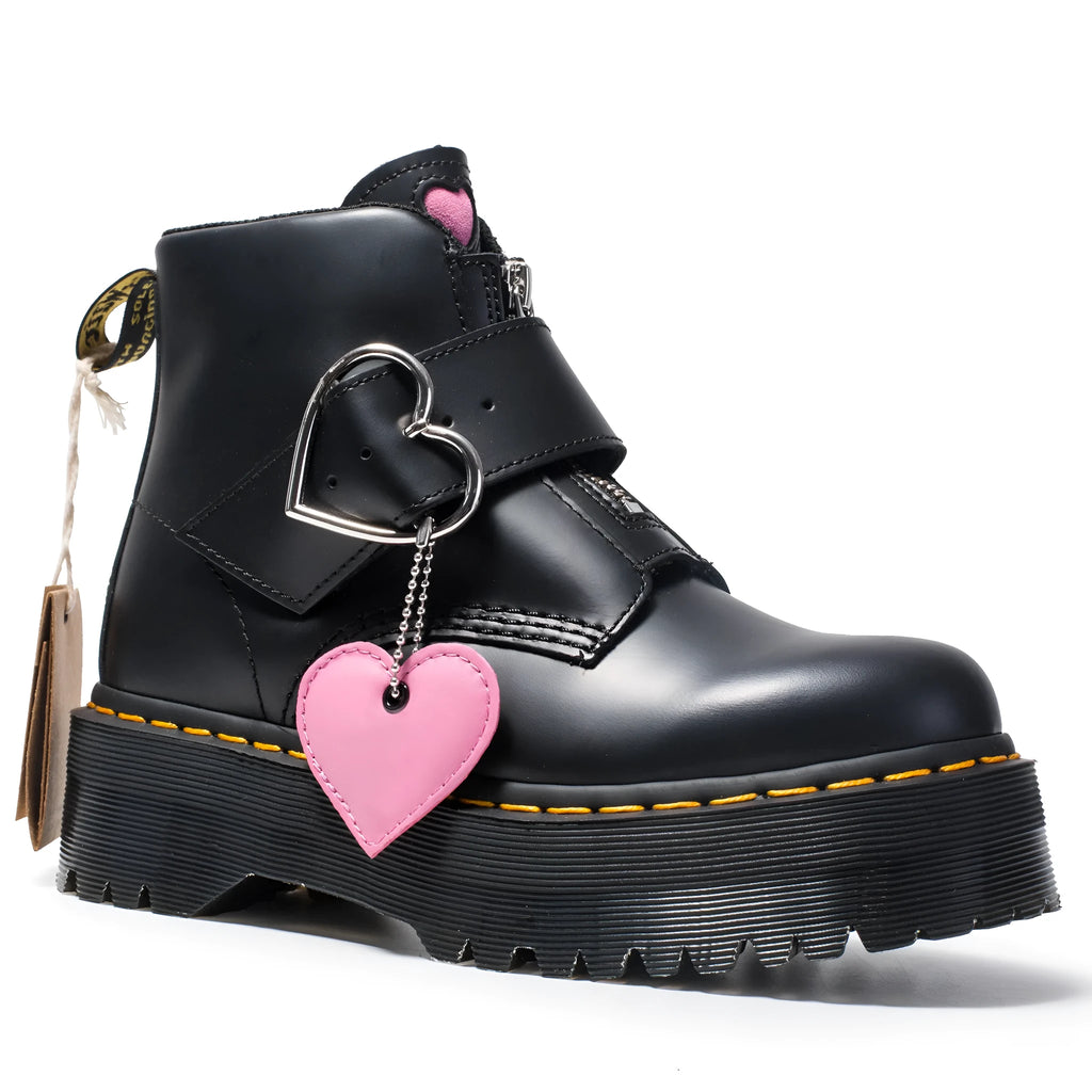 Women's black leather Martin ankle boots with side zipper, thick heel, belt buckle and waterproof platform