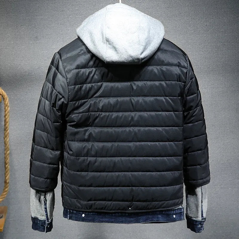 Thick denim jacket men black hooded cotton winter slim fit with lapel collar