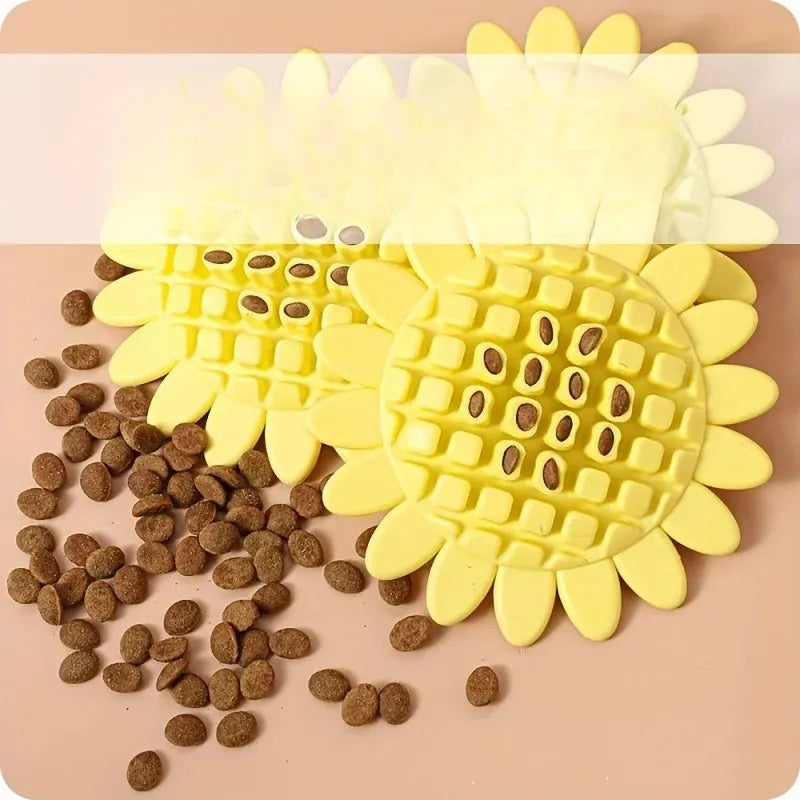 Yellow sunflower-shaped rubber dog chew toy with squeaker