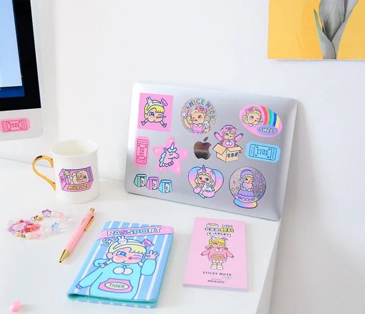 Korean cartoon sticker set showing square PVC designs with storage box