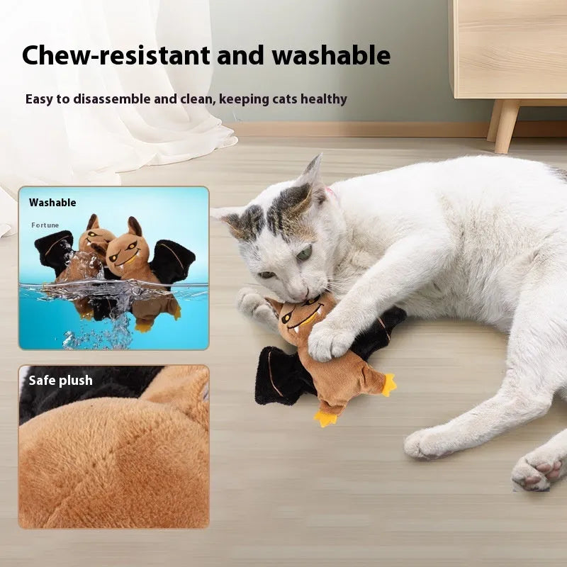 Rechargeable pet electric sound cat plush toy with swing wings in Halloween bat style