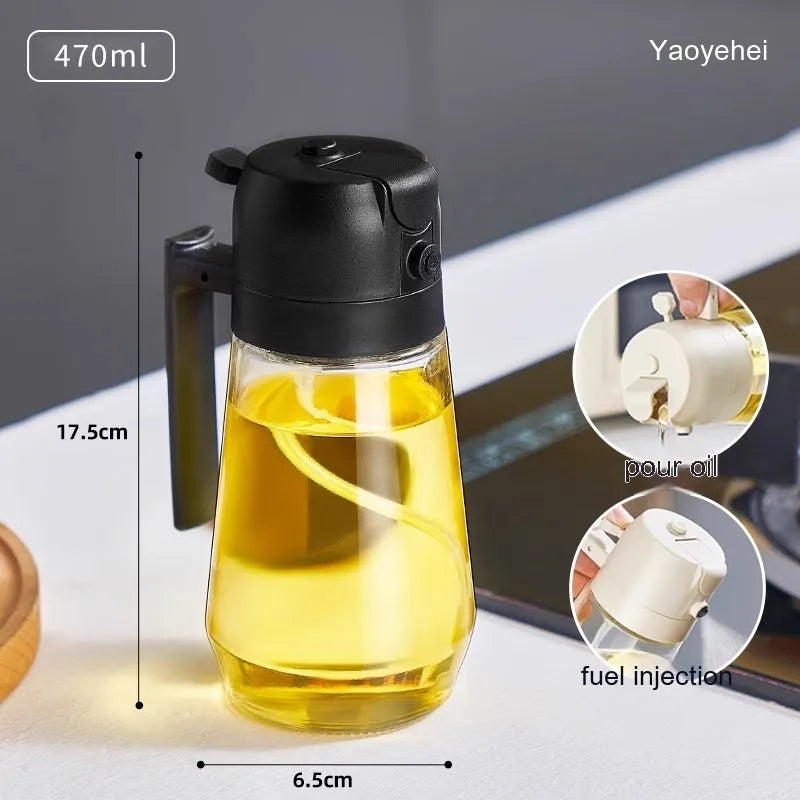 Glass olive oil sprayer bottle with ergonomic handle in beige, showing spray and pour functions.