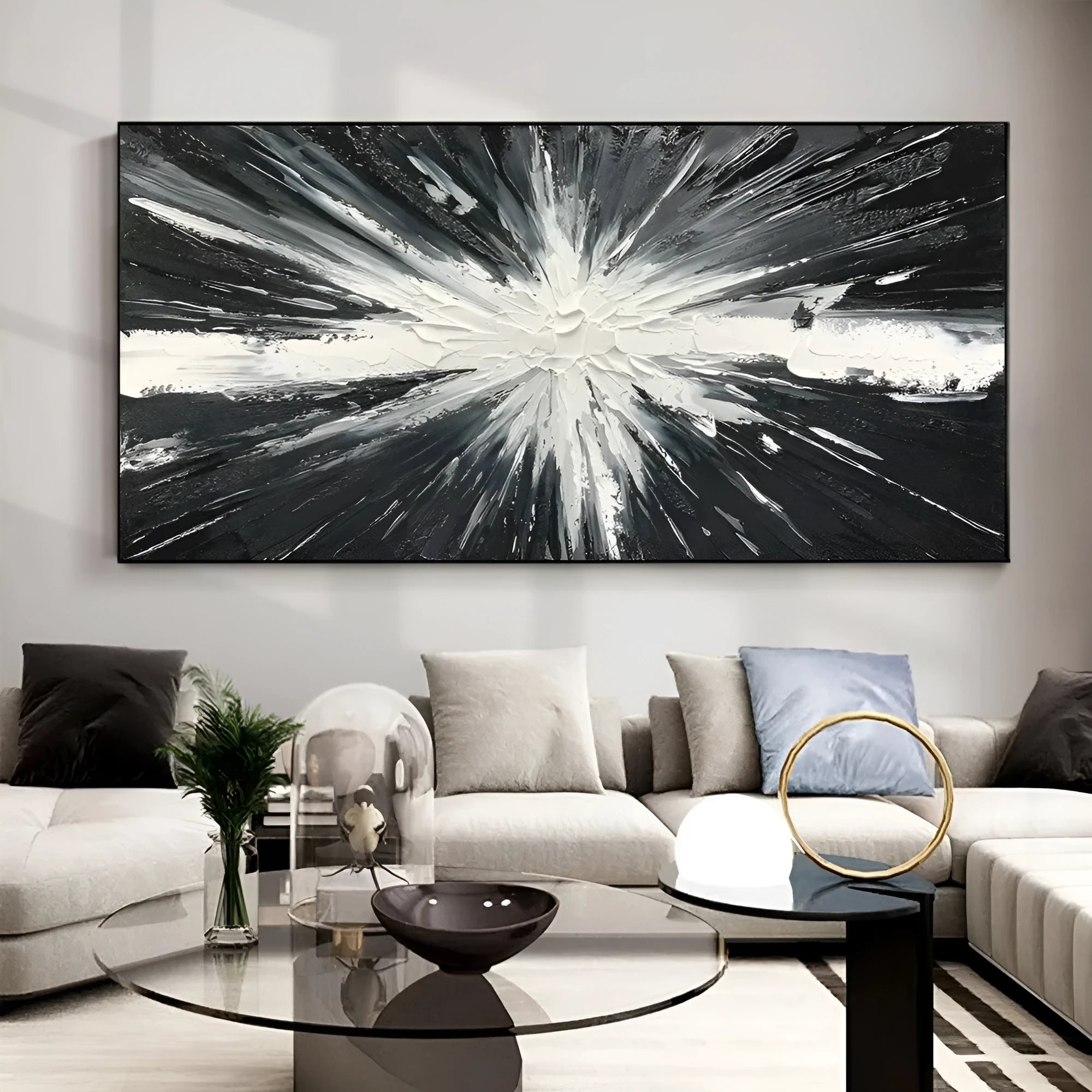 Handmade black and white abstract oil painting on canvas, horizontal orientation, modern living room wall art