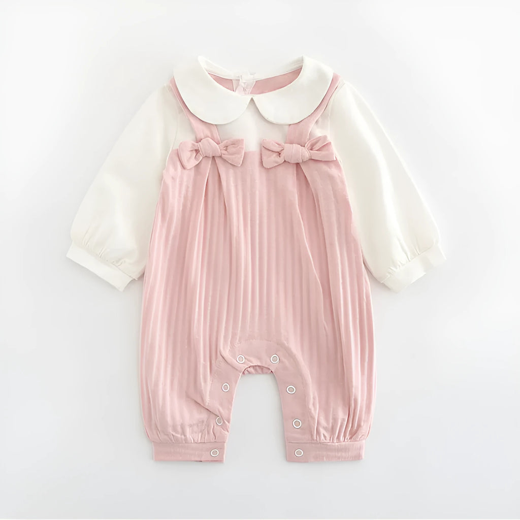 Pink baby girls embroidered jumpsuit with long sleeves and a single-breasted closure.