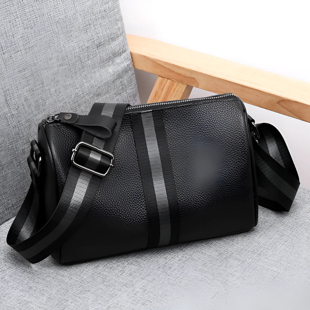 Black genuine leather one-shoulder crossbody bag with 24x16x13cm dimensions
