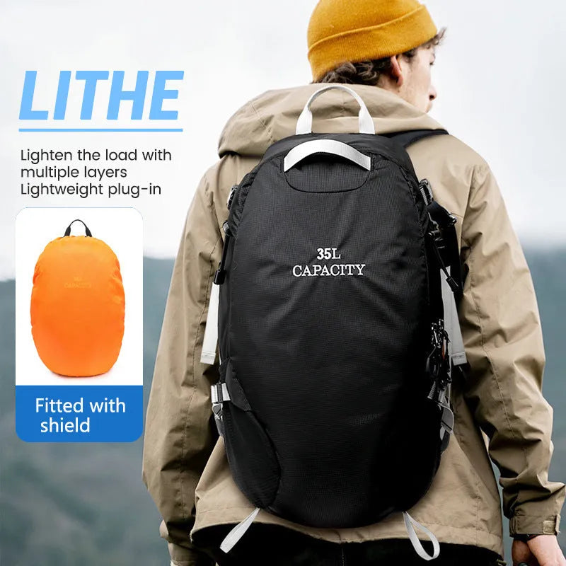 Waterproof Oxford cloth hiking backpack with physiological back plate in black, lake blue, or lemon yellow