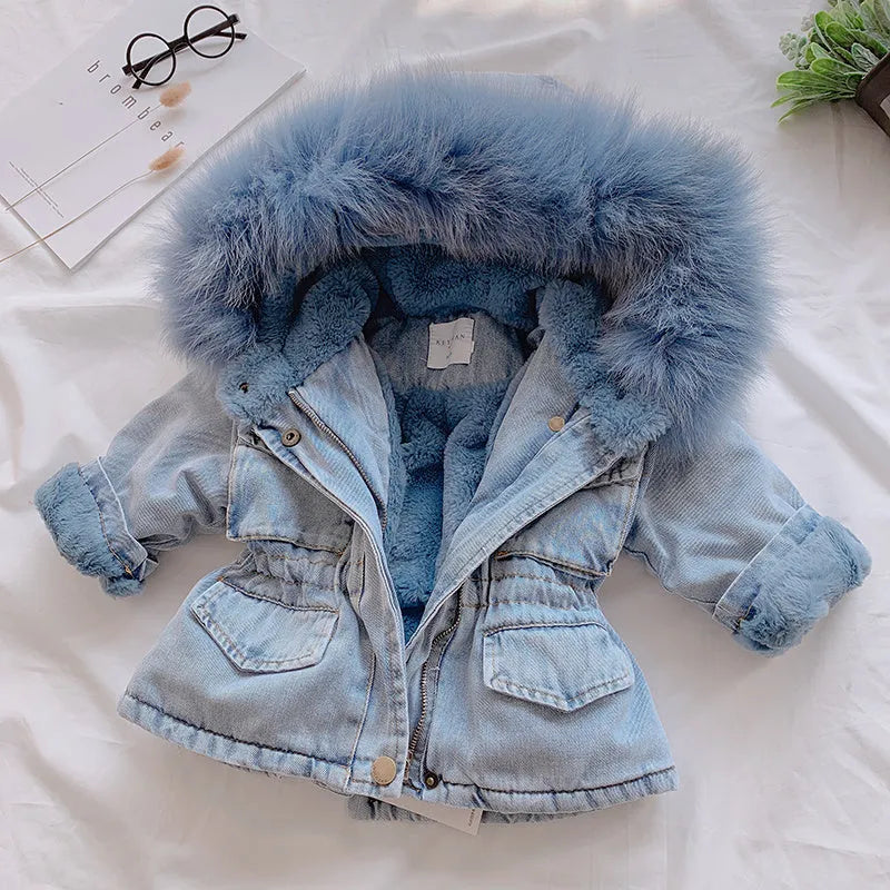 Blue girls' denim coat with a non-removable hood and fleece lining, shown on a hanger.
