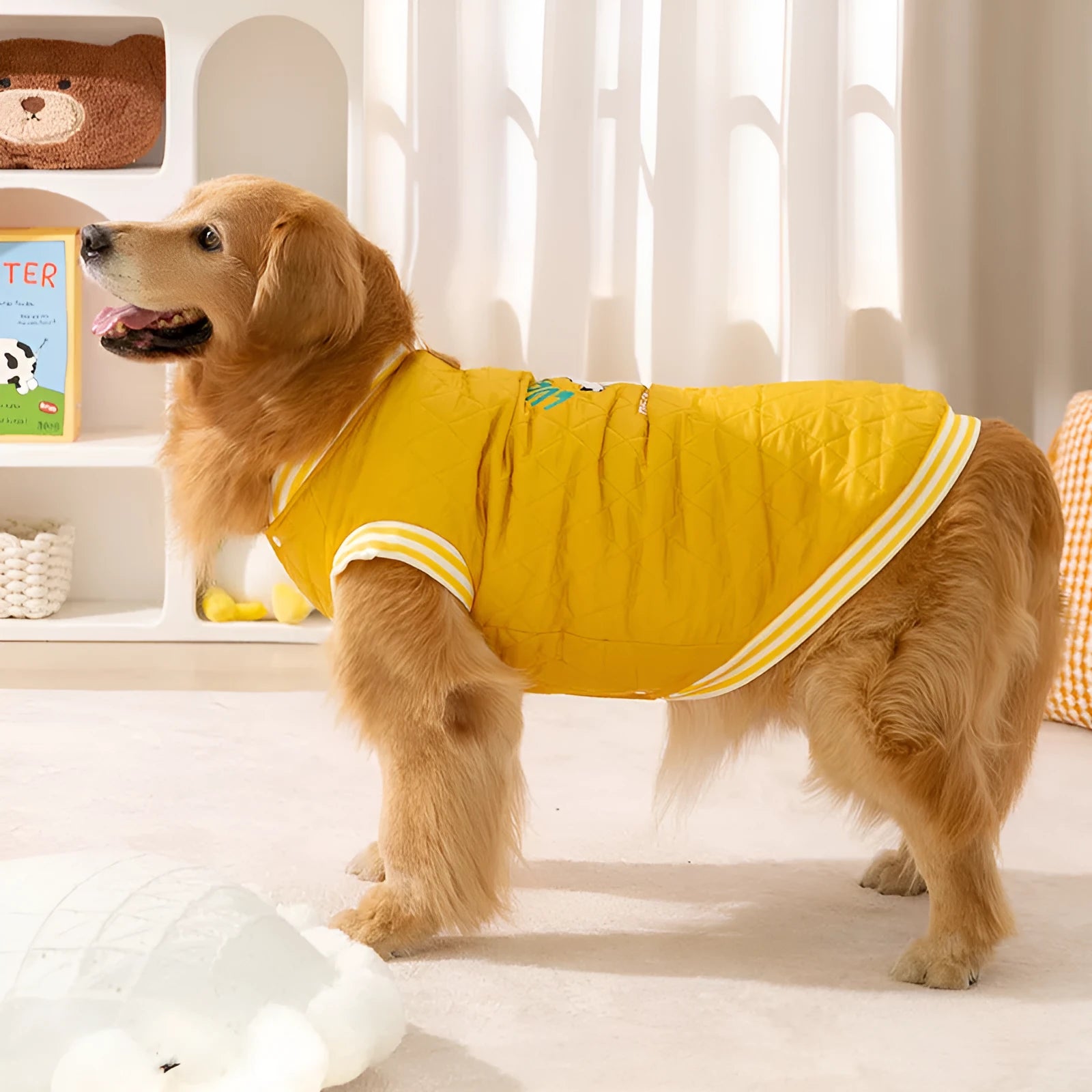 Quilted cotton brown pet vest for large dogs with Lucky Dog embroidery and leash ring