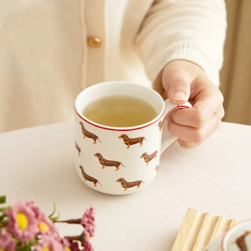 Ceramic pastoral sausage dog tea set with teapot mug and cup on saucer