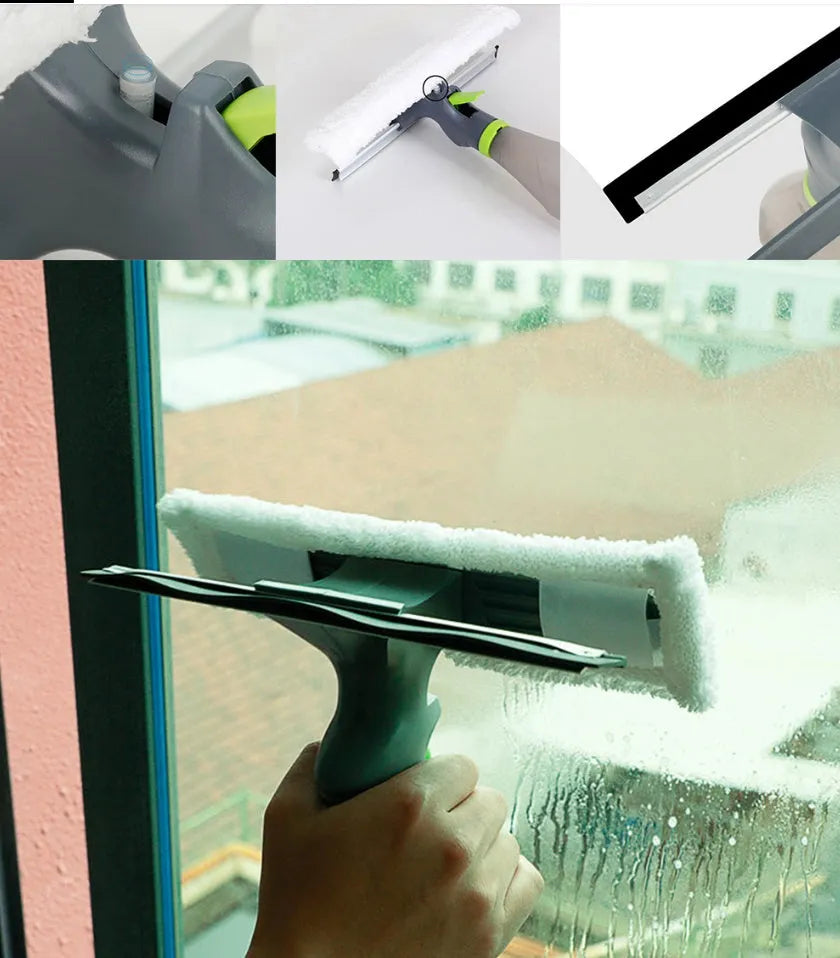 3-in-1 handheld car cleaning brush with spray bottle, microfibre cloth, and silicone squeegee on a glass surface