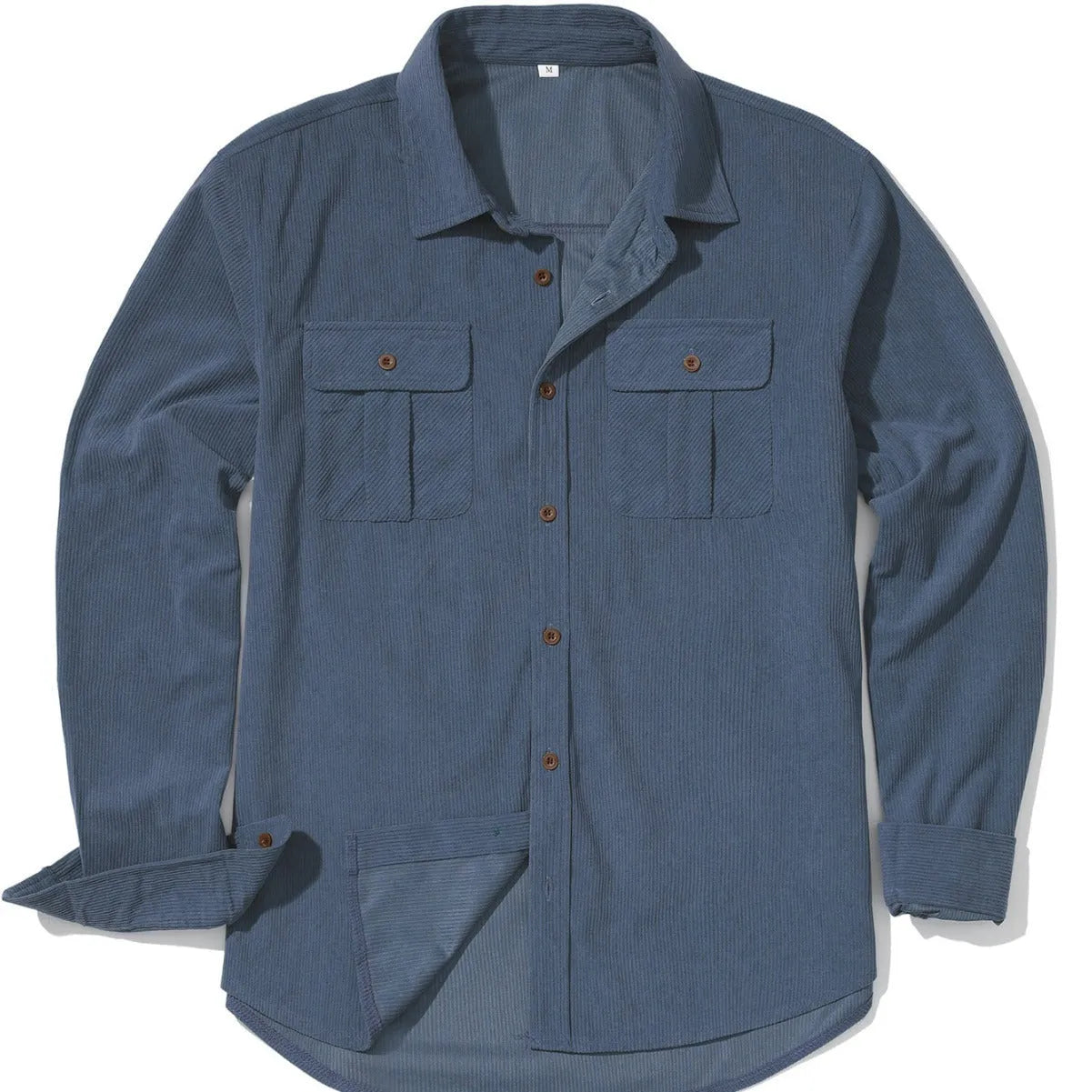 Man wearing a loose-fit Army Green corduroy shirt in Japanese retro style with long sleeves.