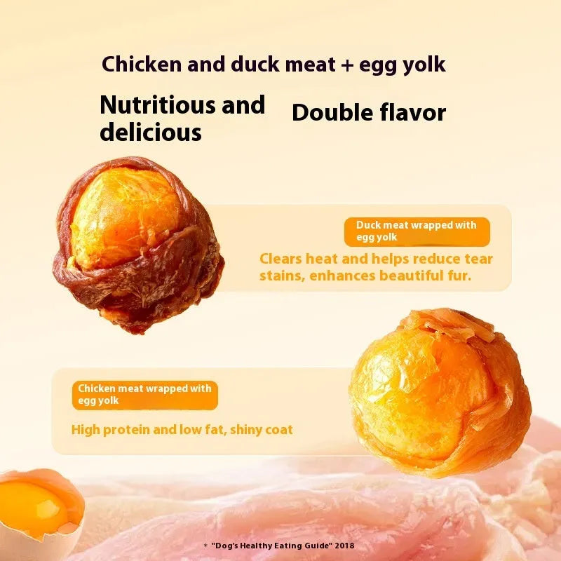 Dog snack egg yolk chicken duck meat small molar training reward food piece on surface
