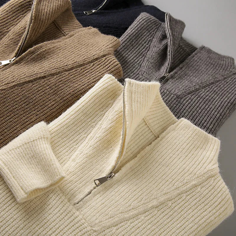Men's cotton half-zip sweater in beige, plus size bat wing knitwear