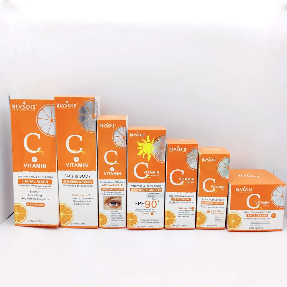 Vitamin C facial care set with moisturising cream and skincare products in various sizes