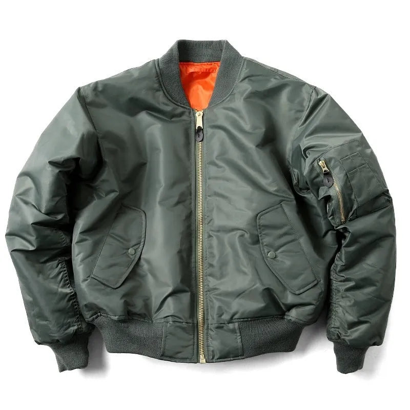 Men's army green loose fit cotton-padded pilot jacket with a double-sided construction on a hanger.