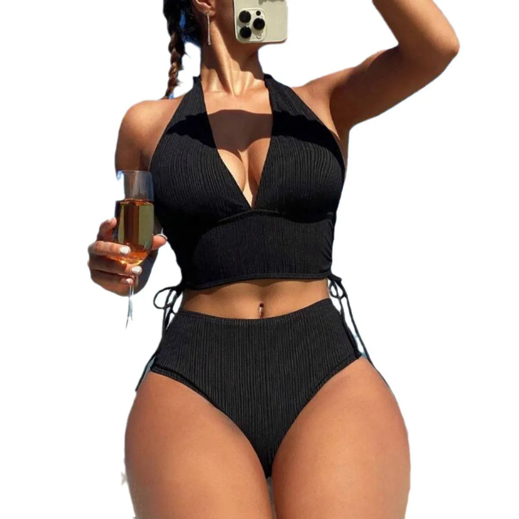 Black lace-up halter bikini set with triangle top and high-waisted briefs