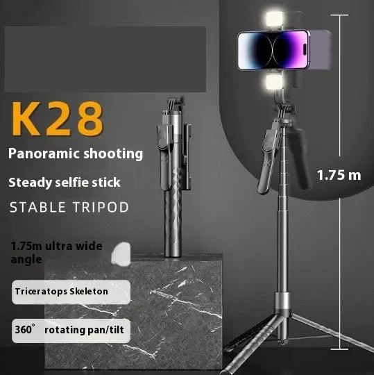 Bluetooth selfie stick floor stand with aluminium tube, phone holder, and remote on tripod base
