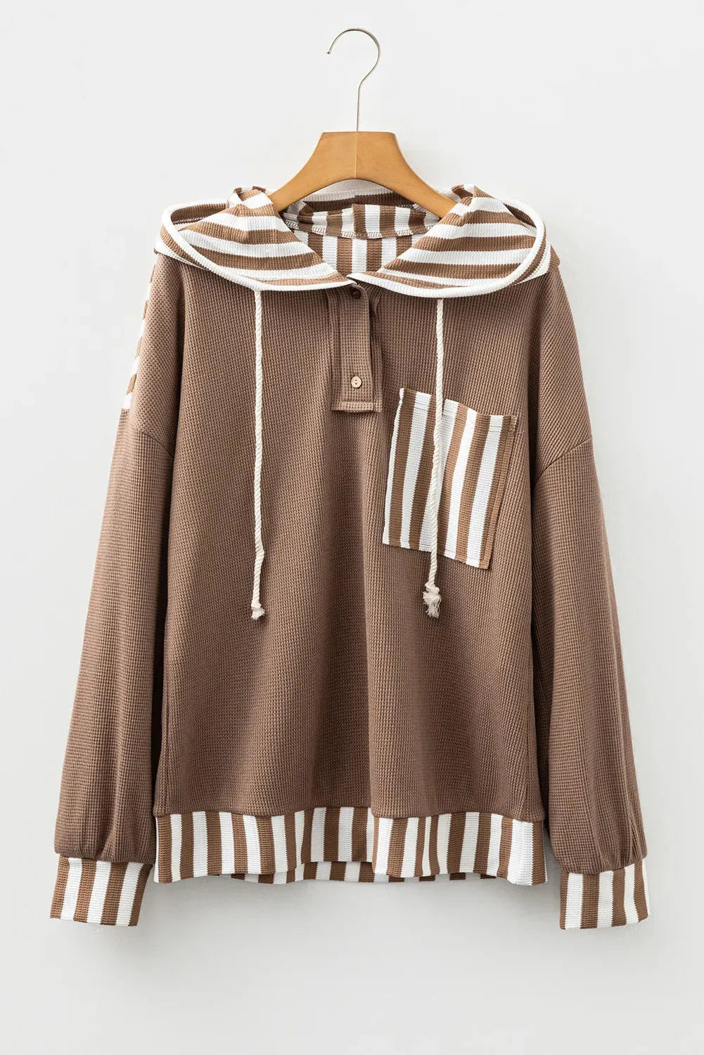Straw yellow hoodie with waffle texture striped patchwork and a button neck drawstring