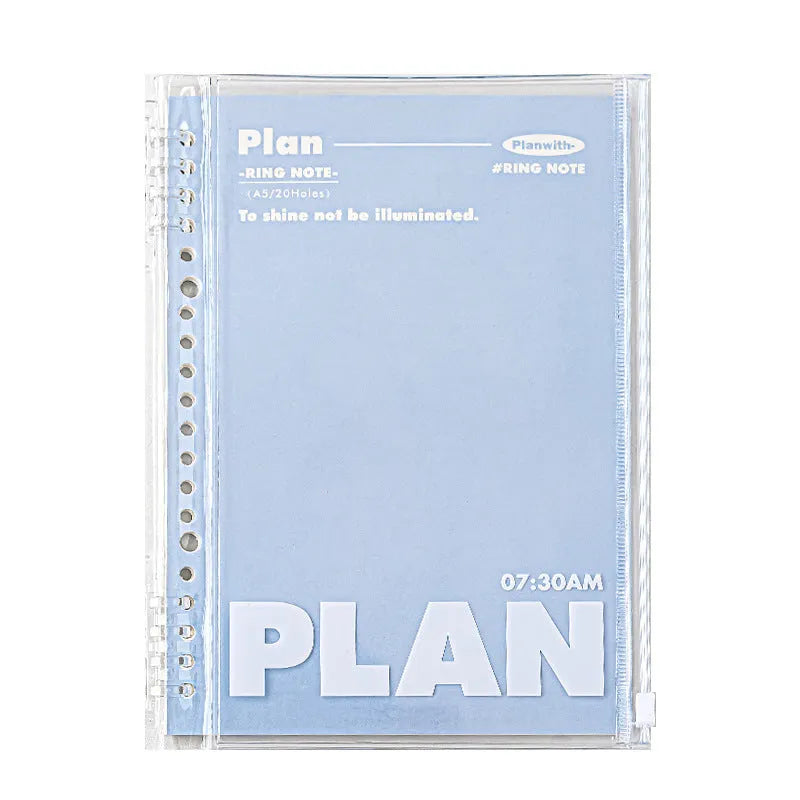 Blue and white A5 PVC notebook storage can for loose spiral papers, showing dimensions 148mm x 210mm.