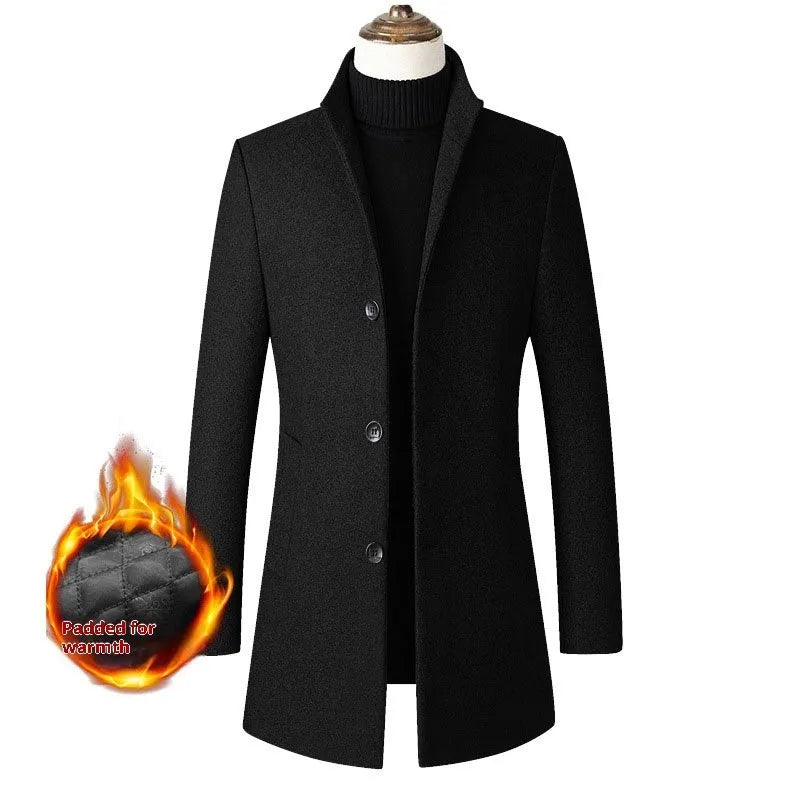 Men's single-breasted stand collar wool blend padded winter coat in solid colour, side seam pockets, S to 3XL sizes
