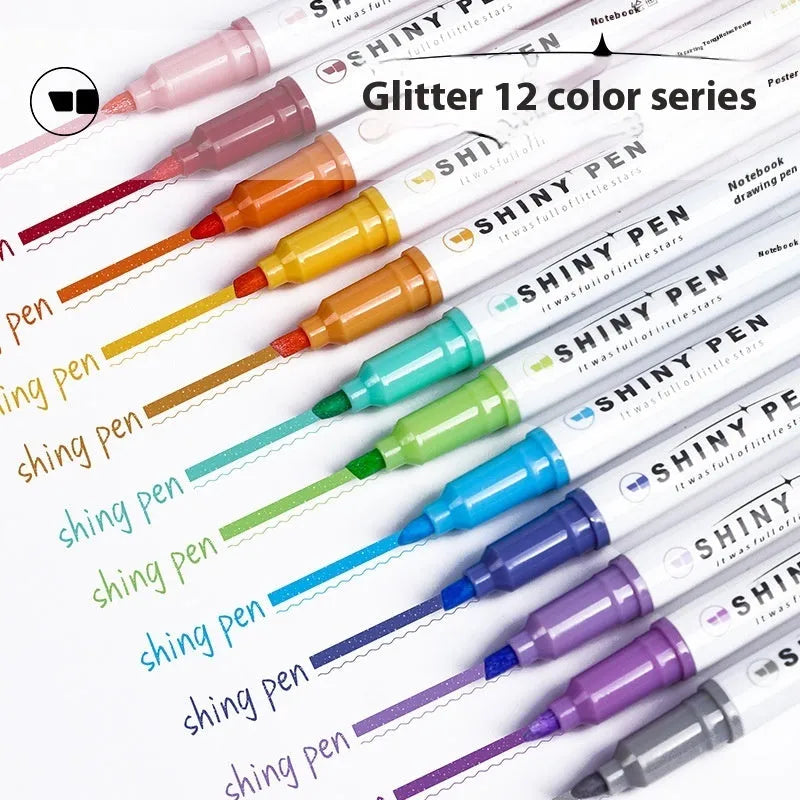 Set of four glitter fluorescent highlighter pens with slanted tips in six colour options including taro puff and mung bean smoothie