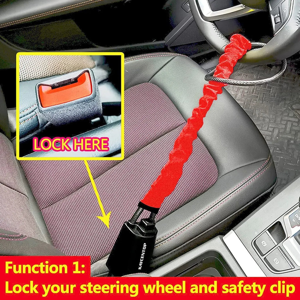 Red iron steering wheel lock with wire rope for a General Motors car.