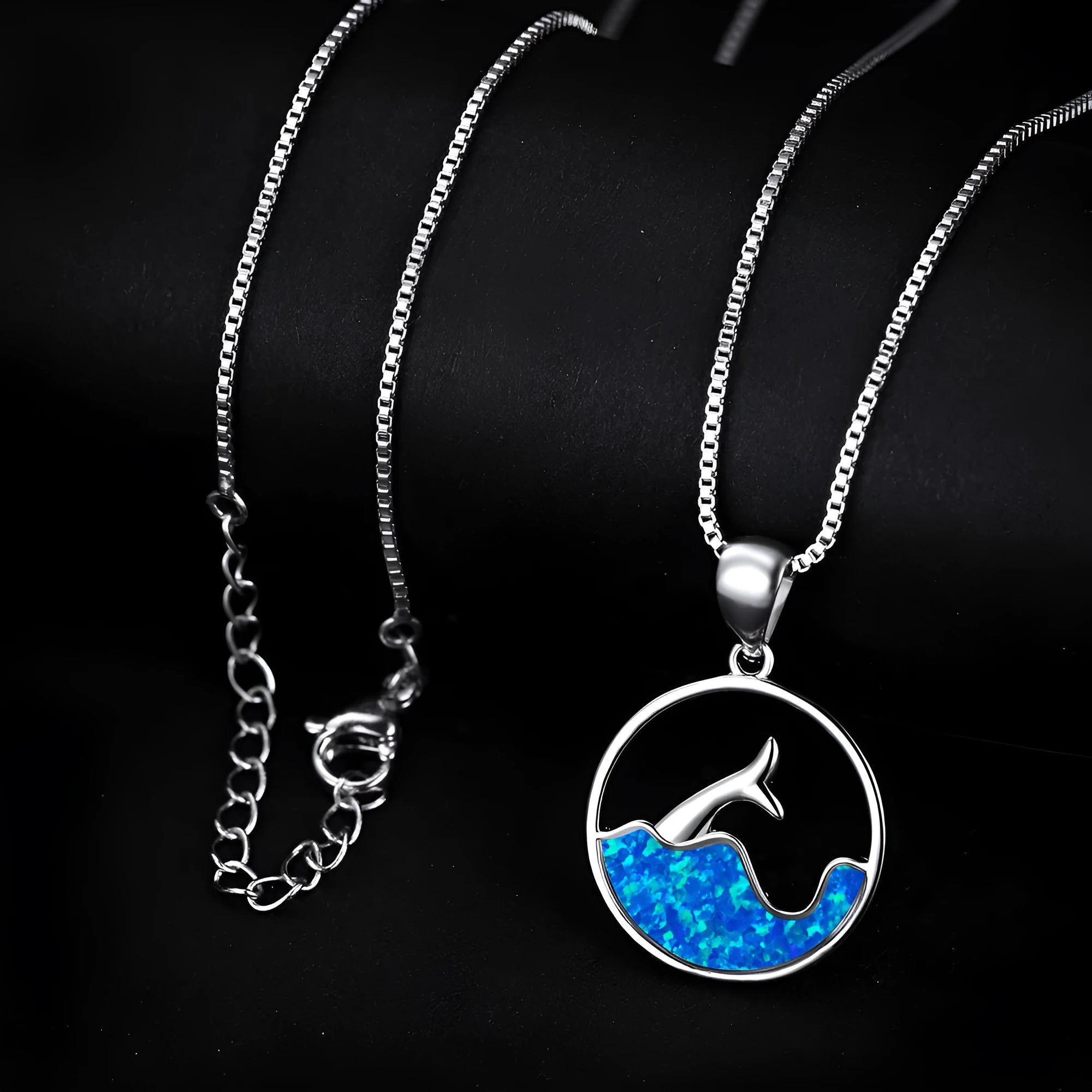 Geometric round opal pendant necklace with electroplated platinum finish on a 45cm chain.