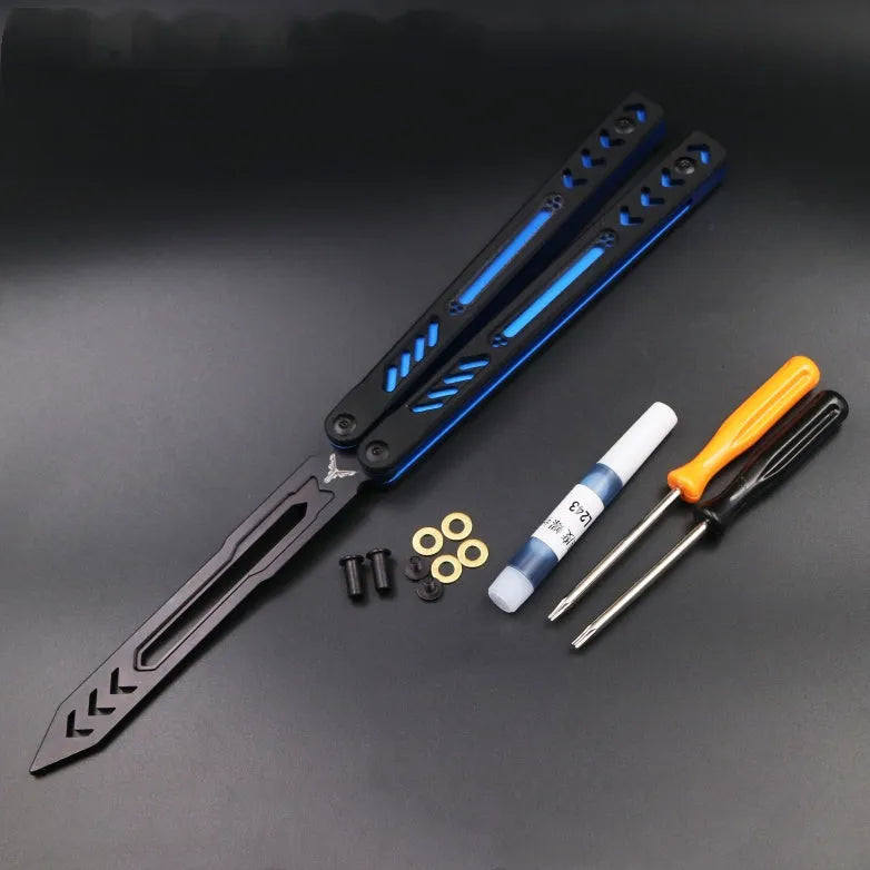 Unbladed ether butterfly knife trainer with aluminium alloy handles and G10 fibre patches in six colour options