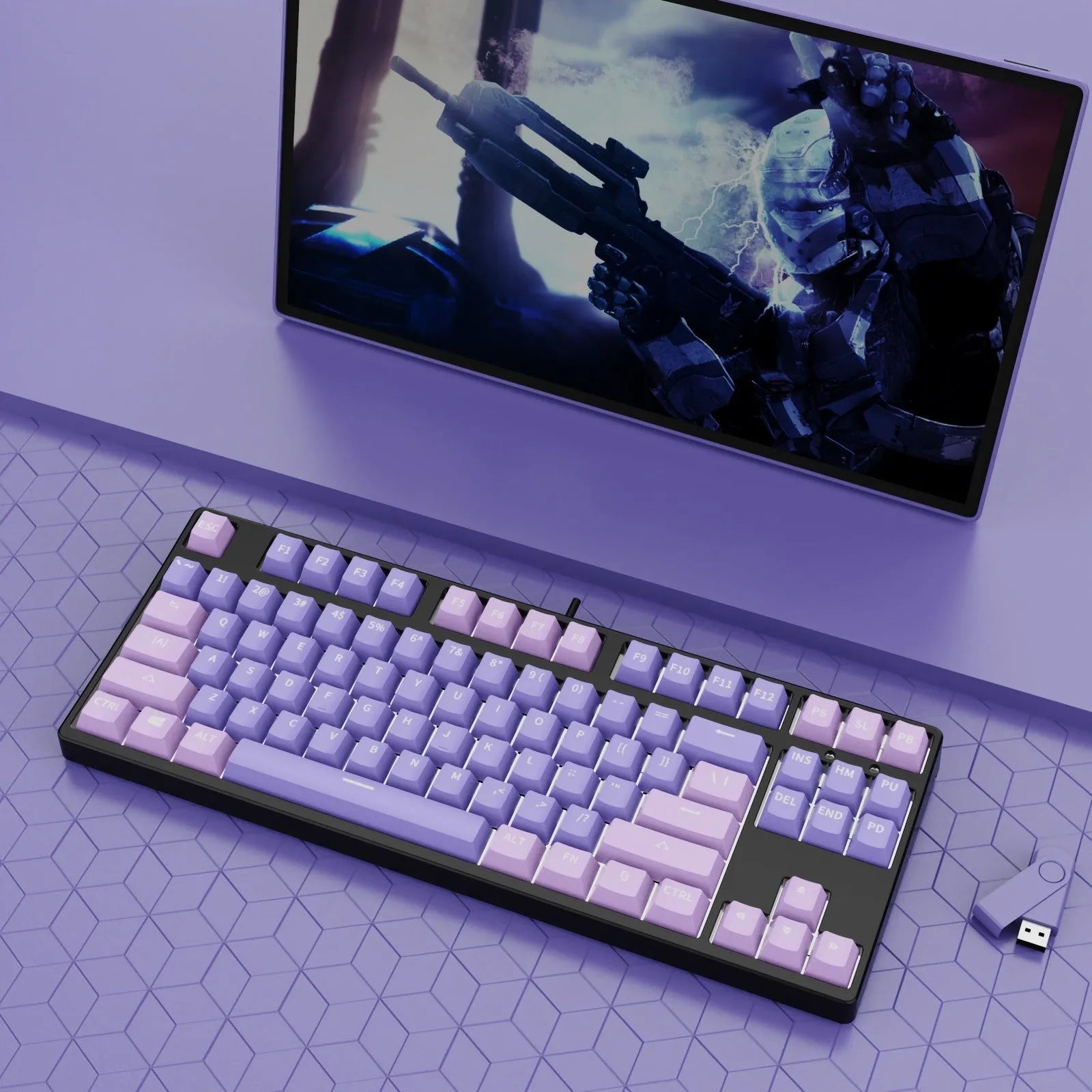 87-key wired mechanical gaming keyboard with hot-swappable switches in dual-colour keycap configuration