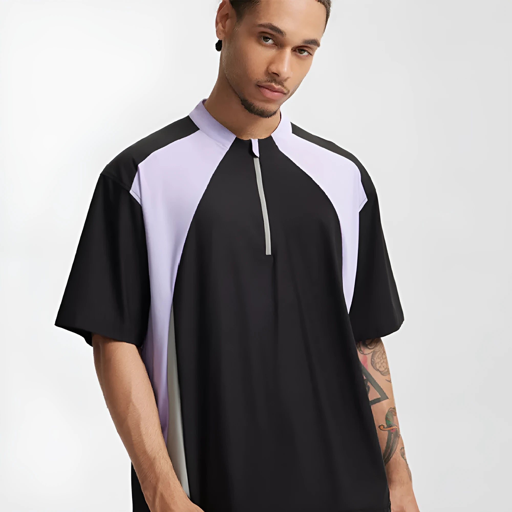 Men's lightweight black polyester casual shirt with stitching detail on long sleeve version