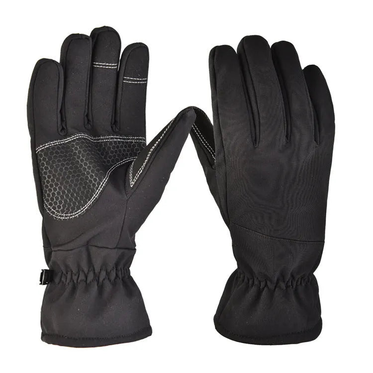 Army Green tactical ski gloves with touchscreen fingertips and anti-slip palm grip on a snowy background.