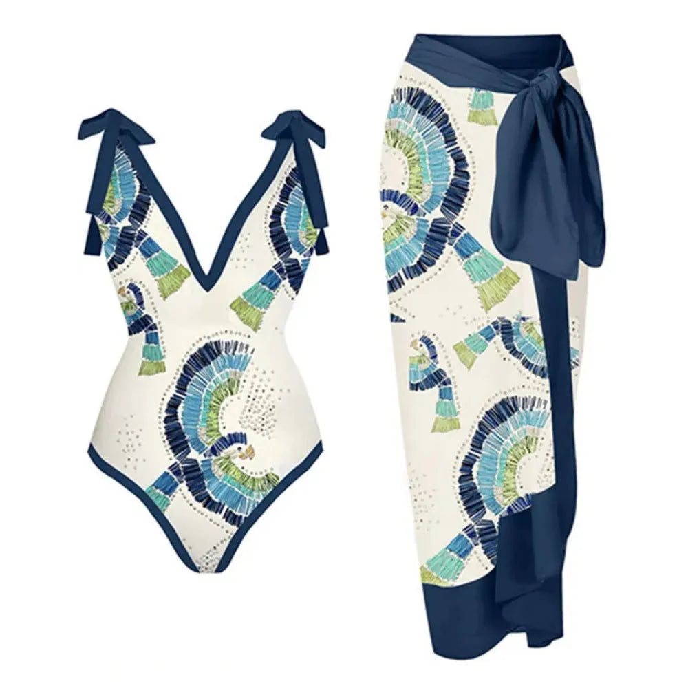 Women's blue French retro one-piece backless swimsuit with matching gauze skirt for the beach