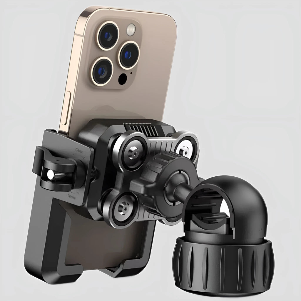 Black aluminium alloy shock absorber motorcycle phone bracket mounted on a handlebar.