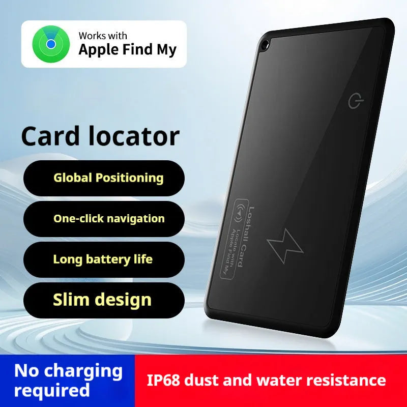 Locator smart wallet anti-loss alarm device in black ABS, 85x54x3.28mm, on a flat surface