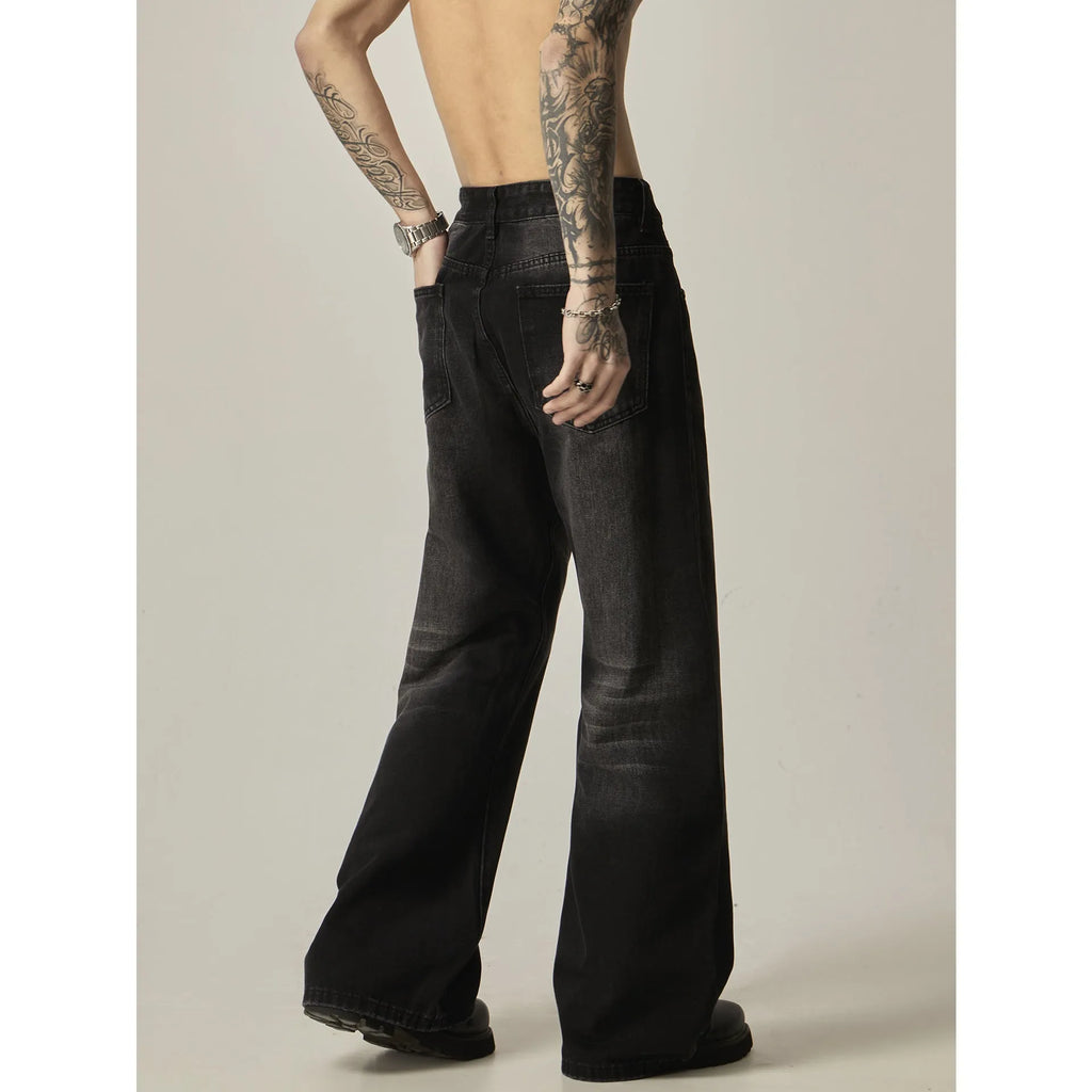 Black loose straight retro jeans showing front and back views with five-pocket design