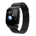 Black smart pedometer watch with temperature sensor on a wrist, showing 1.3-inch display
