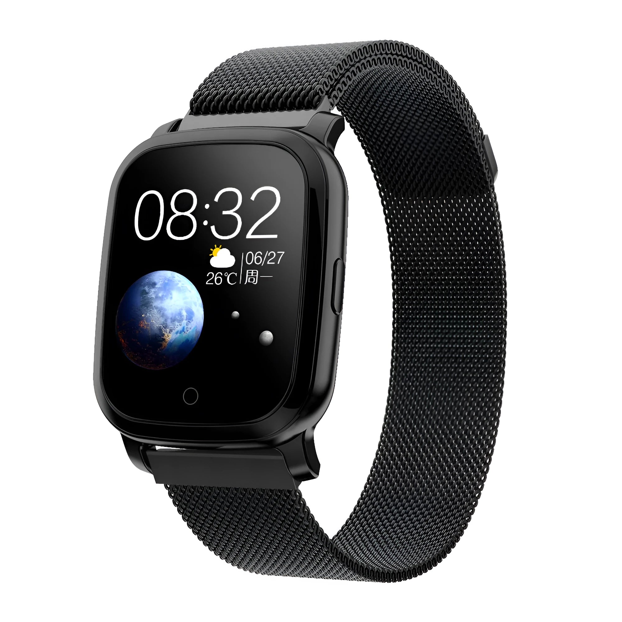 Black smart pedometer watch with temperature sensor on a wrist, showing 1.3-inch display