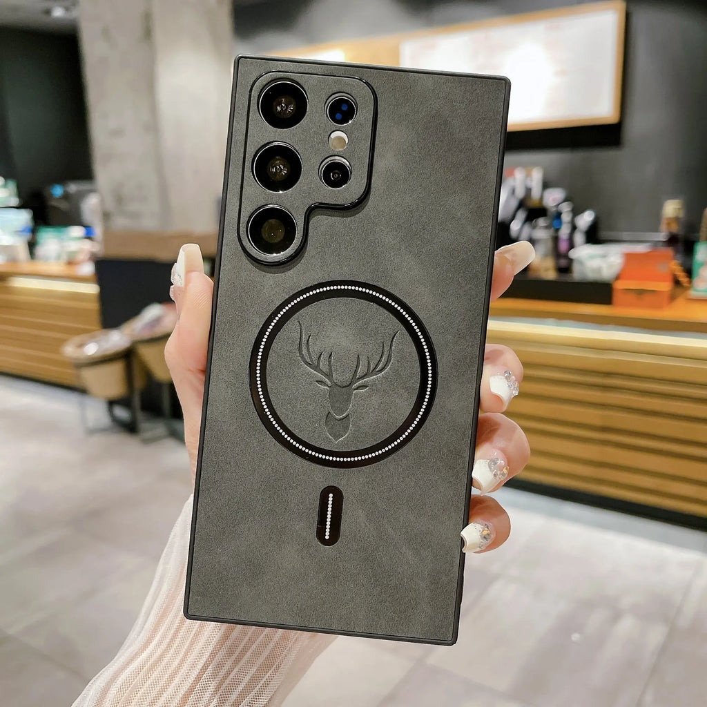 Deer head magnetic wireless charger leather pattern phone case for Samsung S23, black back cover
