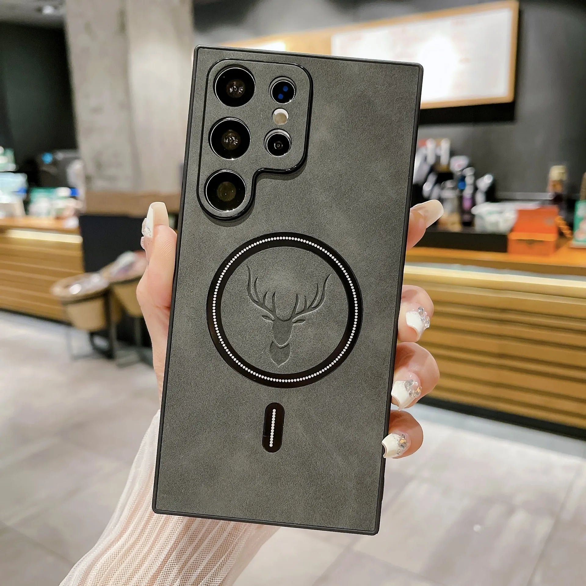 Deer head magnetic wireless charger leather pattern phone case for Samsung S23, black back cover