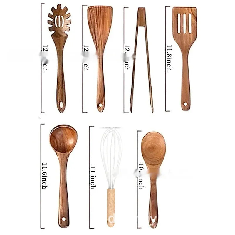 Seven-piece wooden kitchen utensil set including various spoons and spatulas on a table.