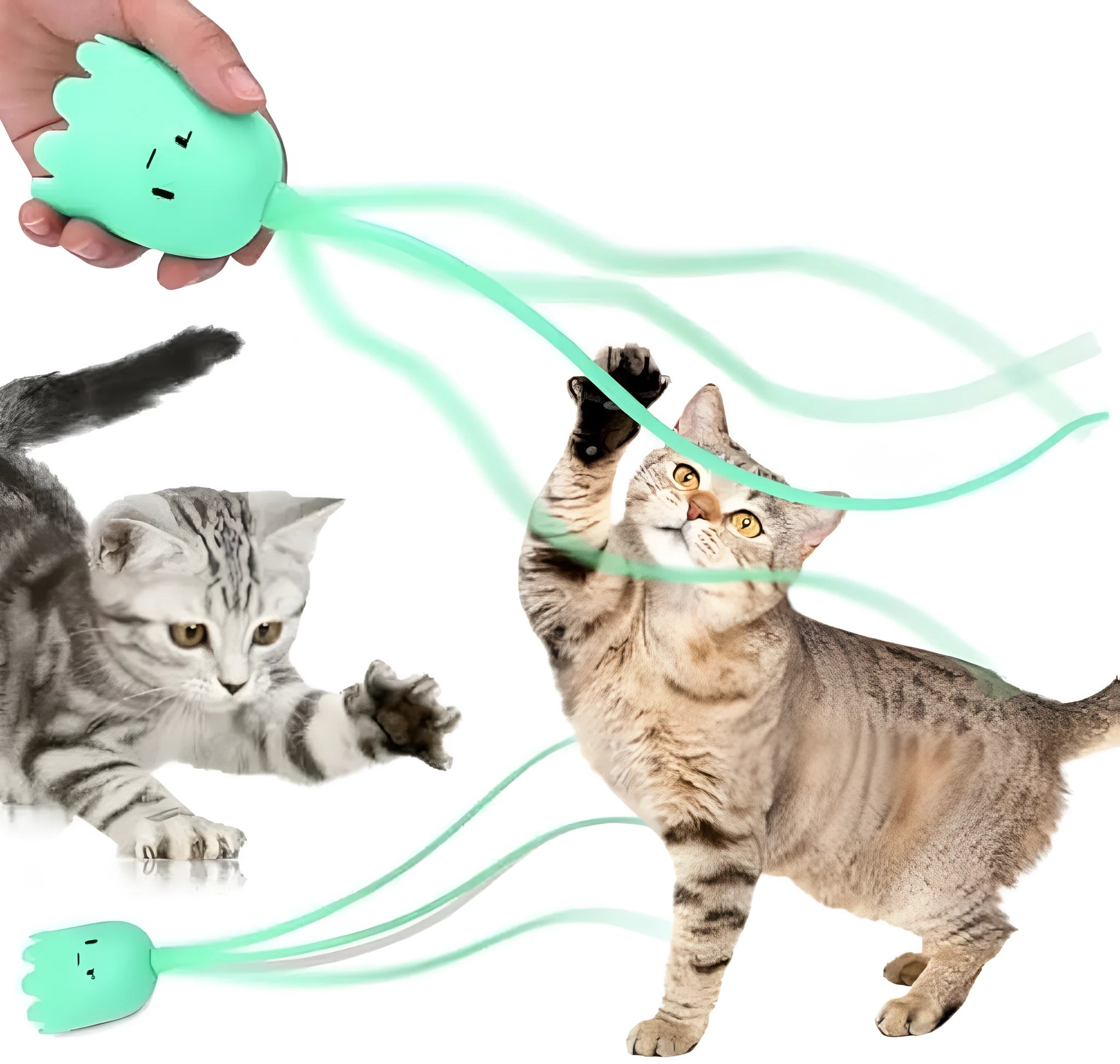 Green automatic cat toy with swinging silicone tails on 38cm wand for indoor feline play
