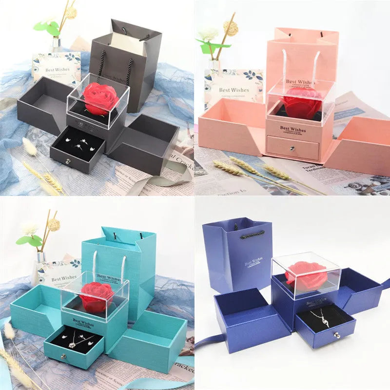 Valentine's Day gift jewellery box with plastic eternal rose in blue, green, grey, and pink colour options.