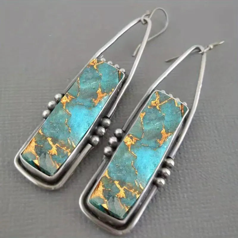 Retro patterned bohemian geometric zinc alloy drop earrings with drip glue finish, colour ER-36, 10g