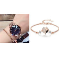 Women's round stainless steel quartz watch and copper plated rose gold star bracelet set with zircon