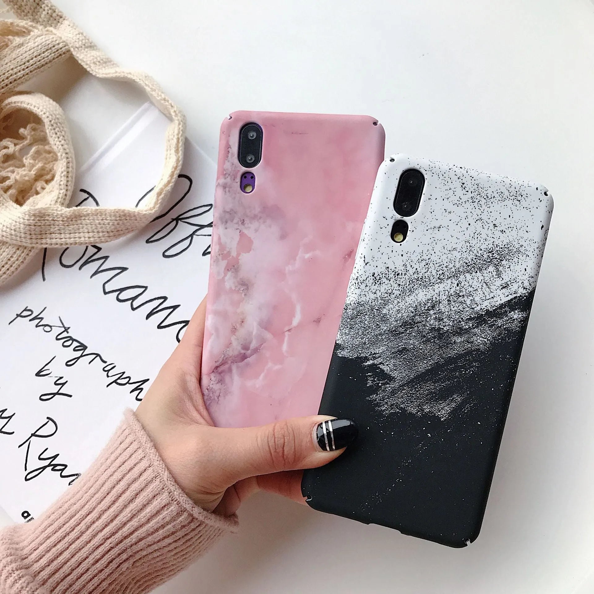 Painted Huawei phone case in black colour showing back cover design